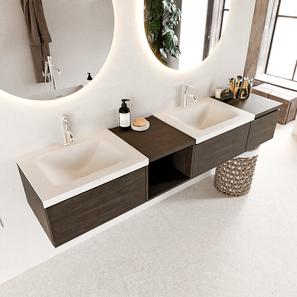 MONDIAZ BUKLA 200cm mueble de baño con módulo abierto 40 izquierda Dark Brown 3 cajones. Lavabo CLOUD duble 2 orificios color Talc 1 MONDIAZ BUKLA 200cm mueble de baño con módulo abierto 40 izquierda Dark Brown 3 cajones. Lavabo CLOUD duble 2 orificios color Talc
