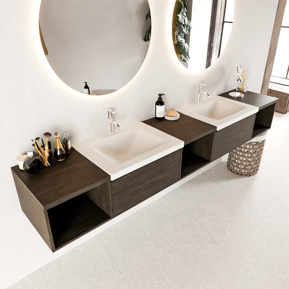 MONDIAZ BUKLA 240cm mueble de baño con módulo abierto 40 izquierda + centro + derecho Dark Brown 2 cajones. Lavabo CLOUD duble 2 orificios color Talc 1 MONDIAZ BUKLA 240cm mueble de baño con módulo abierto 40 izquierda + centro + derecho Dark Brown 2 cajones. Lavabo CLOUD duble 2 orificios color Talc