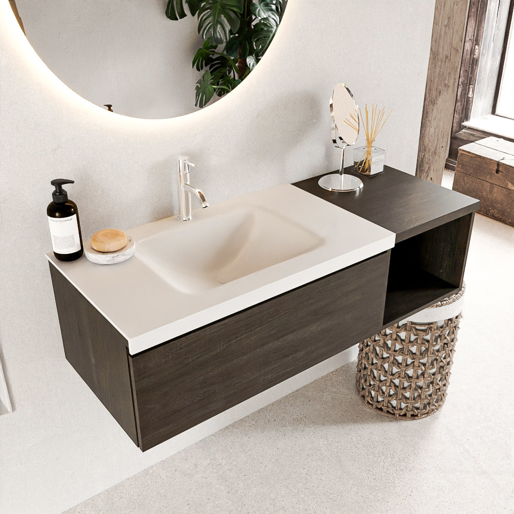 MONDIAZ BUKLA 120cm mueble de baño con módulo abierto 40 Dark Brown 1 cajón. Lavabo CLOUD izquierda 1 orificio color Talc 1 MONDIAZ BUKLA 120cm mueble de baño con módulo abierto 40 Dark Brown 1 cajón. Lavabo CLOUD izquierda 1 orificio color Talc