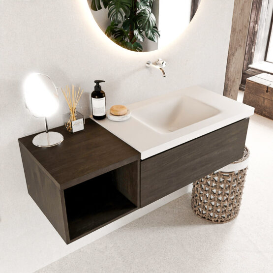 MONDIAZ BUKLA 120cm mueble de baño con módulo abierto 40 Dark Brown 1 cajón. Lavabo CLOUD derecho sin orificios color Talc