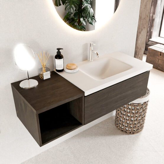 MONDIAZ BUKLA 120cm mueble de baño con módulo abierto 40 Dark Brown 1 cajón. Lavabo CLOUD derecho 1 orificio color Talc