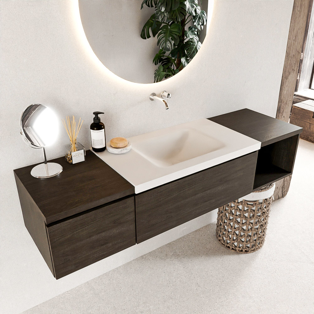MONDIAZ BUKLA 160cm mueble de baño con módulo abierto 40 derecho Dark Brown 2 cajones. Lavabo CLOUD centro sin orificios color Talc 1 MONDIAZ BUKLA 160cm mueble de baño con módulo abierto 40 derecho Dark Brown 2 cajones. Lavabo CLOUD centro sin orificios color Talc