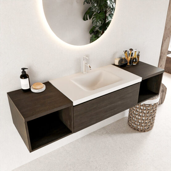 MONDIAZ BUKLA 160cm mueble de baño con módulo abierto 40 izquierda + derecho Dark Brown 1 cajón. Lavabo CLOUD centro 1 orificio color Talc