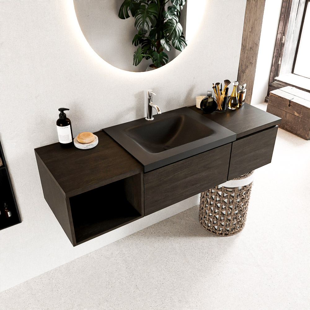 MONDIAZ BUKLA 140cm mueble de baño con módulo abierto 40 izquierda Dark Brown 2 cajones. Lavabo CLOUD derecho 1 orificio color Urban 1 MONDIAZ BUKLA 140cm mueble de baño con módulo abierto 40 izquierda Dark Brown 2 cajones. Lavabo CLOUD derecho 1 orificio color Urban