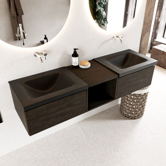 MONDIAZ BUKLA 160cm mueble de baño con módulo abierto 40 Dark Brown 2 cajones. Lavabo CLOUD duble sin orificios color Urban