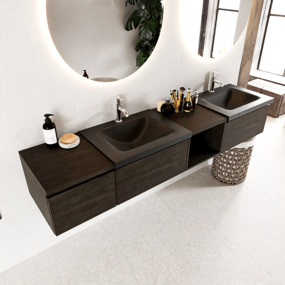 MONDIAZ BUKLA 200cm mueble de baño con módulo abierto 40 derecho Dark Brown 3 cajones. Lavabo CLOUD duble 2 orificios color Urban