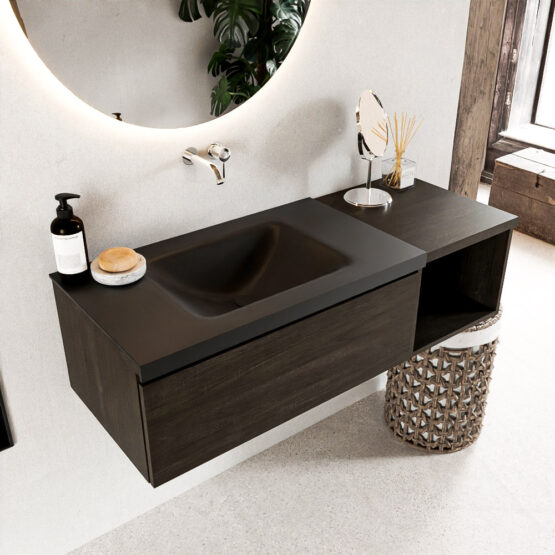 MONDIAZ BUKLA 120cm mueble de baño con módulo abierto 40 Dark Brown 1 cajón. Lavabo CLOUD izquierda sin orificios color Urban