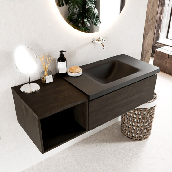 MONDIAZ BUKLA 120cm mueble de baño con módulo abierto 40 Dark Brown 1 cajón. Lavabo CLOUD derecho sin orificios color Urban