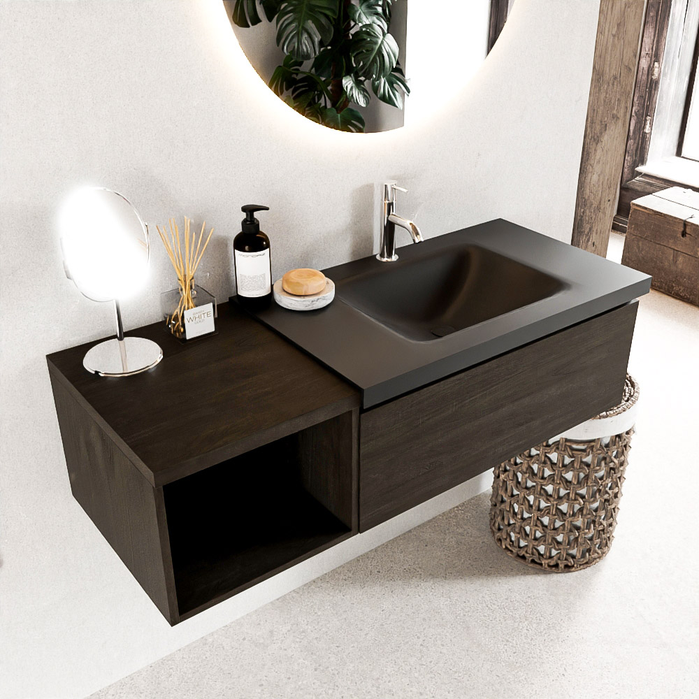 MONDIAZ BUKLA 120cm mueble de baño con módulo abierto 40 Dark Brown 1 cajón. Lavabo CLOUD derecho 1 orificio color Urban 1 MONDIAZ BUKLA 120cm mueble de baño con módulo abierto 40 Dark Brown 1 cajón. Lavabo CLOUD derecho 1 orificio color Urban