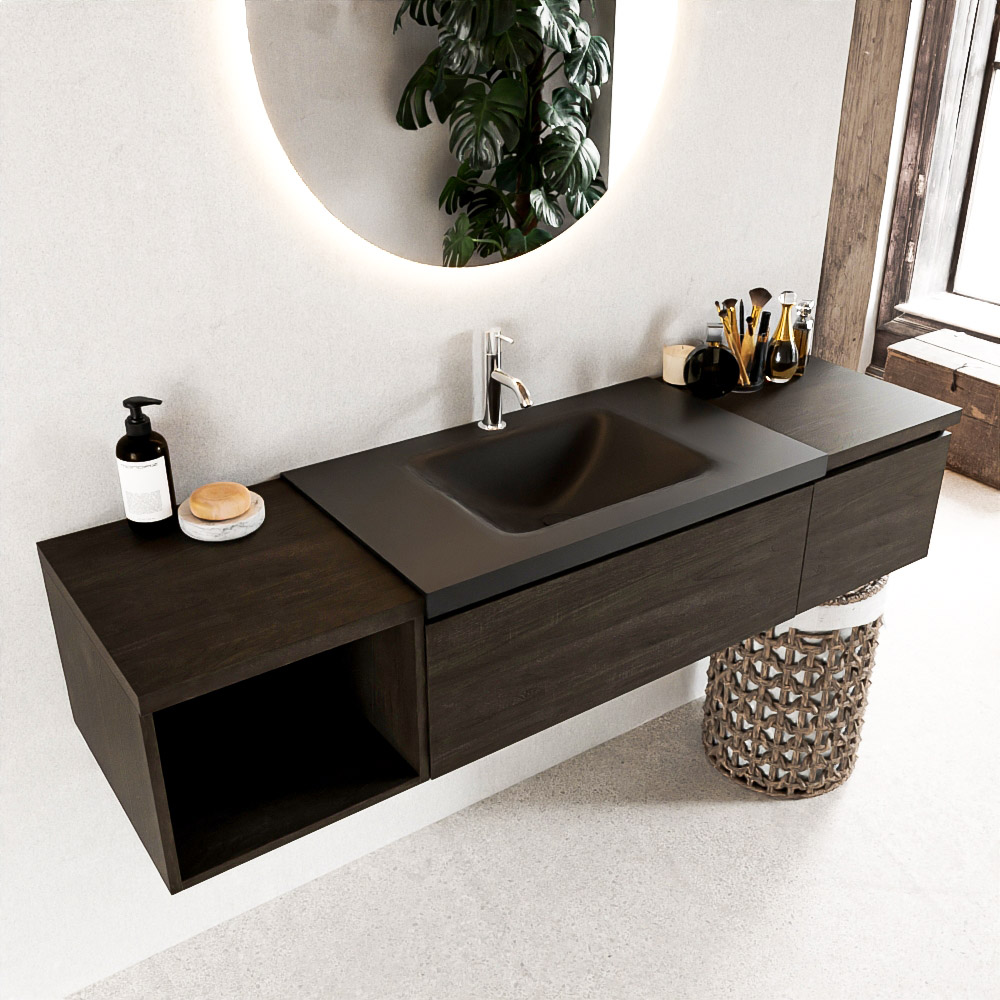 MONDIAZ BUKLA 160cm mueble de baño con módulo abierto 40 izquierda Dark Brown 2 cajones. Lavabo CLOUD centro 1 orificio color Urban 1 MONDIAZ BUKLA 160cm mueble de baño con módulo abierto 40 izquierda Dark Brown 2 cajones. Lavabo CLOUD centro 1 orificio color Urban
