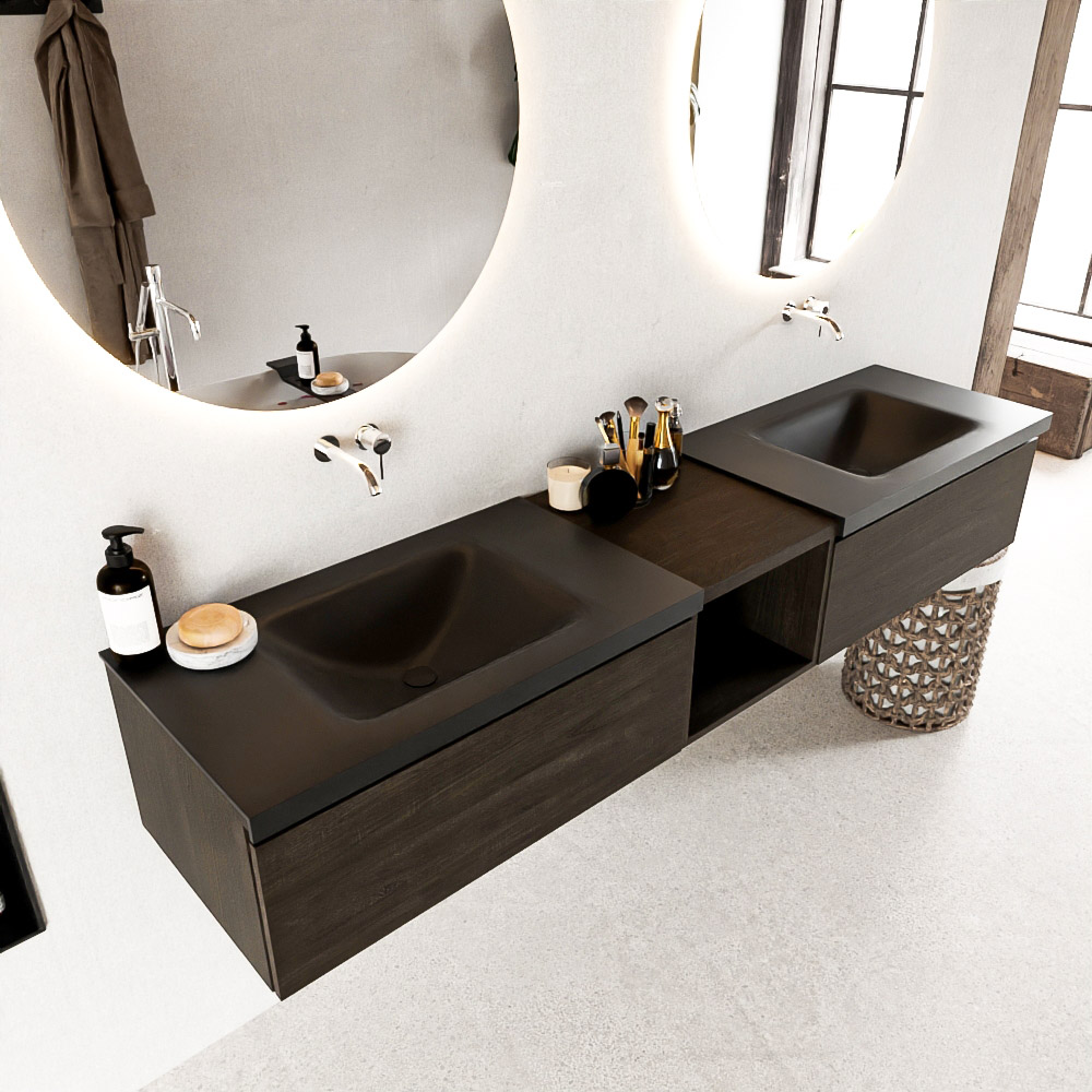 MONDIAZ BUKLA 200cm mueble de baño con módulo abierto 40 Dark Brown 2 cajones. Lavabo CLOUD duble sin orificios color Urban 1 MONDIAZ BUKLA 200cm mueble de baño con módulo abierto 40 Dark Brown 2 cajones. Lavabo CLOUD duble sin orificios color Urban