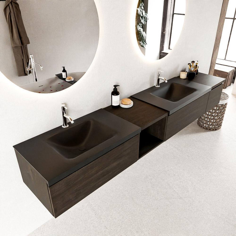 MONDIAZ BUKLA 240cm mueble de baño con módulo abierto 40 izquierda Dark Brown 3 cajones. Lavabo CLOUD duble 2 orificios color Urban 1 MONDIAZ BUKLA 240cm mueble de baño con módulo abierto 40 izquierda Dark Brown 3 cajones. Lavabo CLOUD duble 2 orificios color Urban