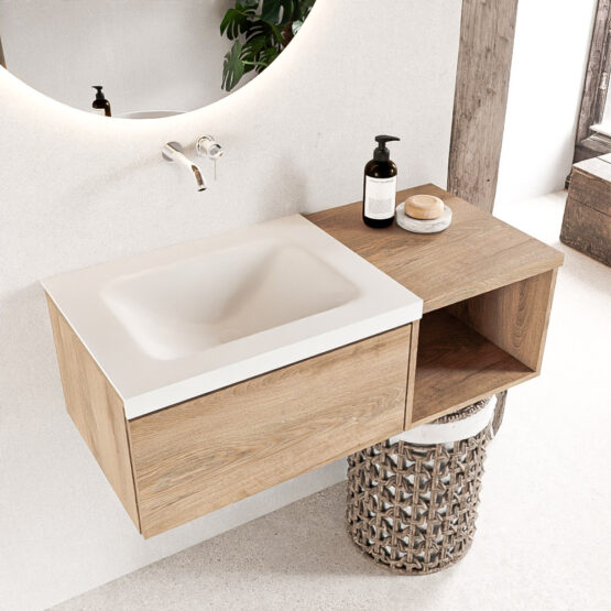 MONDIAZ BUKLA 100cm mueble de baño con módulo abierto 40 Washed Oak 1 cajón. Lavabo CLOUD izquierda sin orificios color Talc