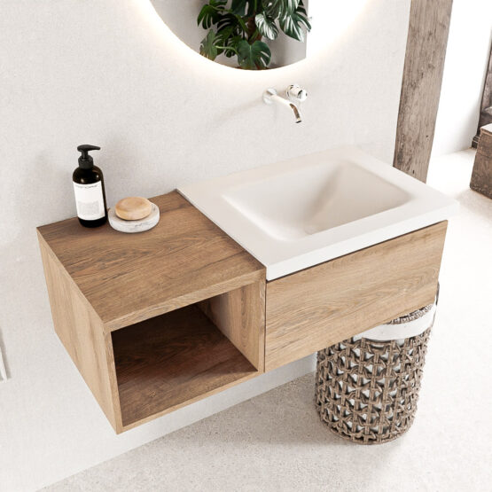 MONDIAZ BUKLA 100cm mueble de baño con módulo abierto 40 Washed Oak 1 cajón. Lavabo CLOUD derecho sin orificios color Talc