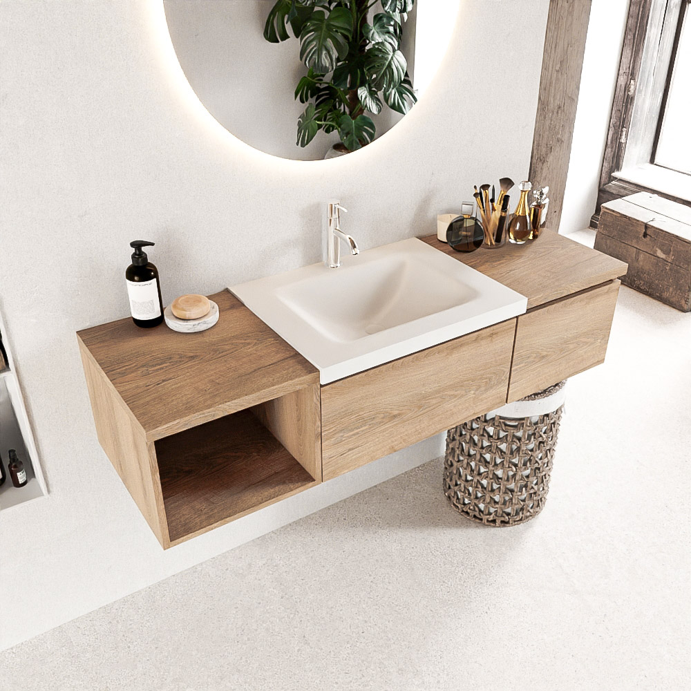 MONDIAZ BUKLA 140cm mueble de baño con módulo abierto 40 izquierda Washed Oak 2 cajones. Lavabo CLOUD centro 1 orificio color Talc 1 MONDIAZ BUKLA 140cm mueble de baño con módulo abierto 40 izquierda Washed Oak 2 cajones. Lavabo CLOUD centro 1 orificio color Talc