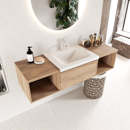 MONDIAZ BUKLA 140cm mueble de baño con módulo abierto 40 izquierda + derecho Washed Oak 2 cajones. Lavabo CLOUD centro 1 orificio color Talc