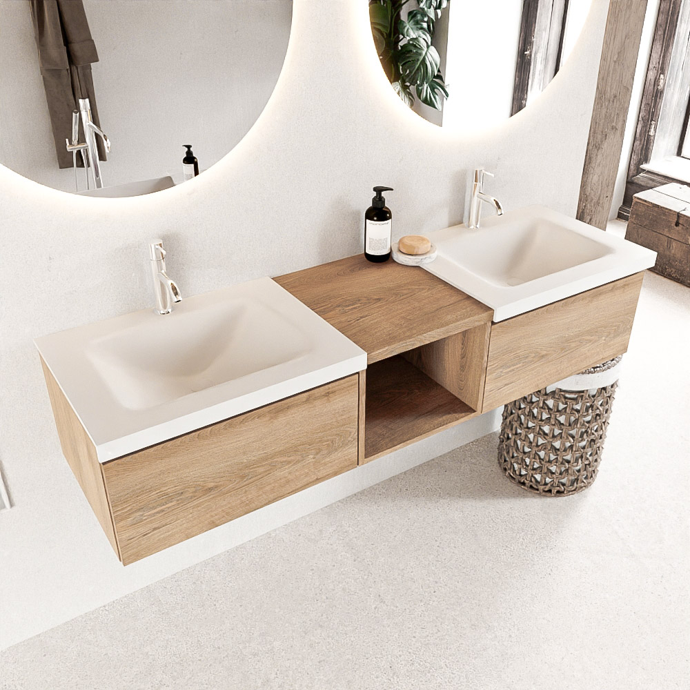 MONDIAZ BUKLA 160cm mueble de baño con módulo abierto 40 Washed Oak 2 cajones. Lavabo CLOUD duble 2 orificios color Talc 1 MONDIAZ BUKLA 160cm mueble de baño con módulo abierto 40 Washed Oak 2 cajones. Lavabo CLOUD duble 2 orificios color Talc