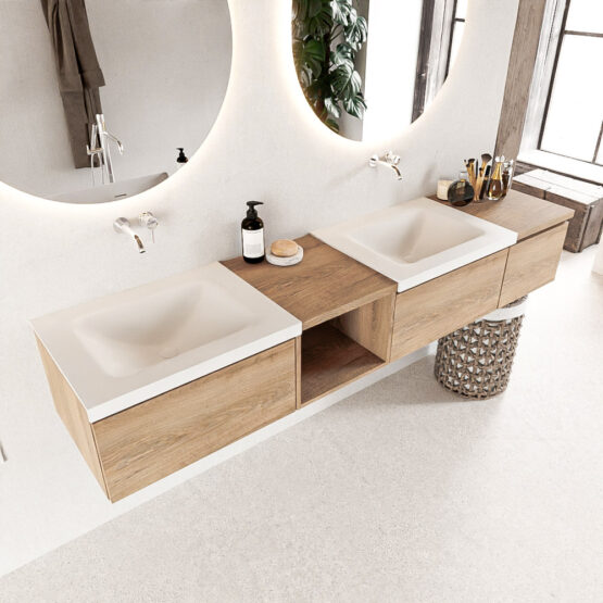 MONDIAZ BUKLA 200cm mueble de baño con módulo abierto 40 izquierda Washed Oak 3 cajones. Lavabo CLOUD duble sin orificios color Talc