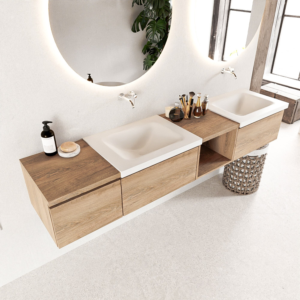 MONDIAZ BUKLA 200cm mueble de baño con módulo abierto 40 derecho Washed Oak 3 cajones. Lavabo CLOUD duble sin orificios color Talc 1 MONDIAZ BUKLA 200cm mueble de baño con módulo abierto 40 derecho Washed Oak 3 cajones. Lavabo CLOUD duble sin orificios color Talc