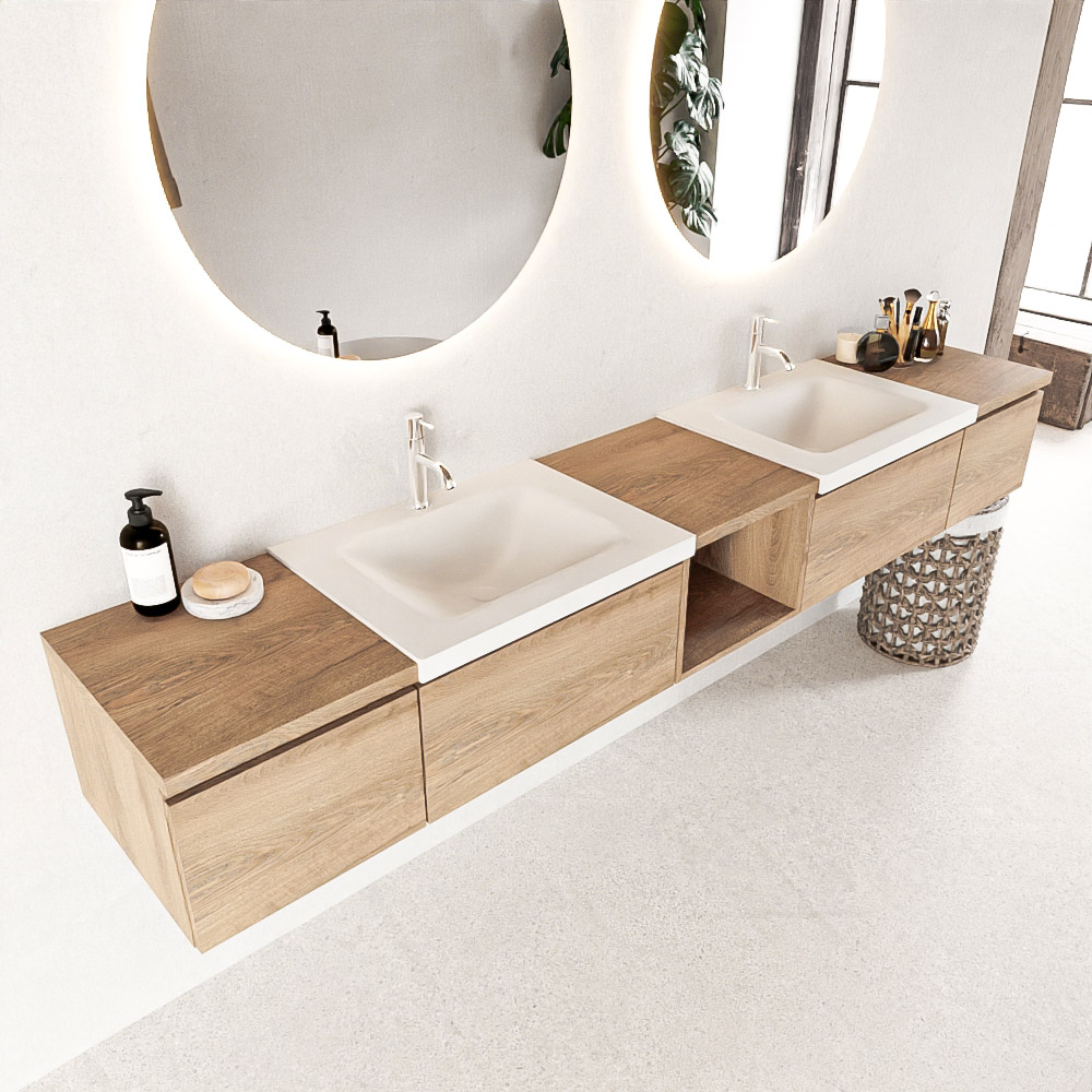 MONDIAZ BUKLA 240cm mueble de baño con módulo abierto 40 centro Washed Oak 4 cajones. Lavabo CLOUD duble 2 orificios color Talc 1 MONDIAZ BUKLA 240cm mueble de baño con módulo abierto 40 centro Washed Oak 4 cajones. Lavabo CLOUD duble 2 orificios color Talc
