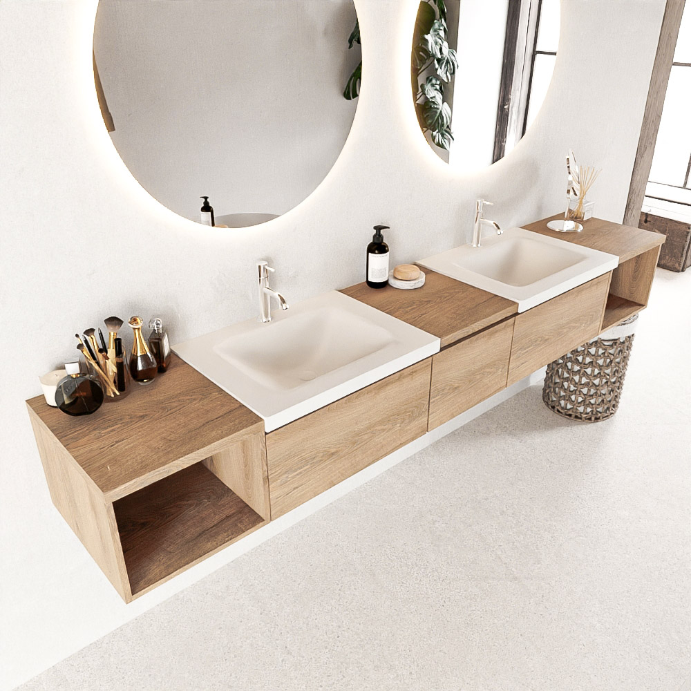 MONDIAZ BUKLA 240cm mueble de baño con módulo abierto 40 izquierda + derecho Washed Oak 3 cajones. Lavabo CLOUD duble 2 orificios color Talc 1 MONDIAZ BUKLA 240cm mueble de baño con módulo abierto 40 izquierda + derecho Washed Oak 3 cajones. Lavabo CLOUD duble 2 orificios color Talc