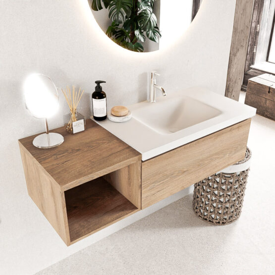 MONDIAZ BUKLA 120cm mueble de baño con módulo abierto 40 Washed Oak 1 cajón. Lavabo CLOUD derecho 1 orificio color Talc