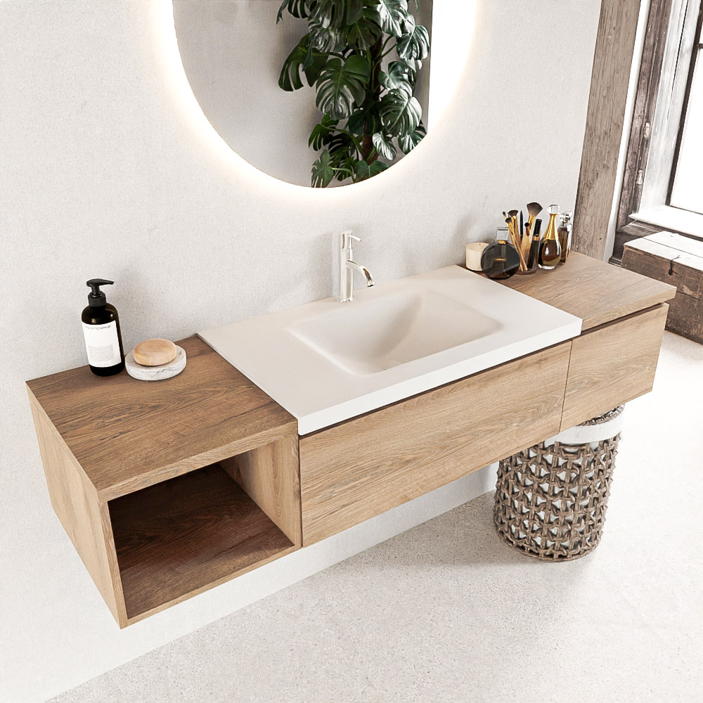 MONDIAZ BUKLA 160cm mueble de baño con módulo abierto 40 izquierda Washed Oak 2 cajones. Lavabo CLOUD centro 1 orificio color Talc 1 MONDIAZ BUKLA 160cm mueble de baño con módulo abierto 40 izquierda Washed Oak 2 cajones. Lavabo CLOUD centro 1 orificio color Talc