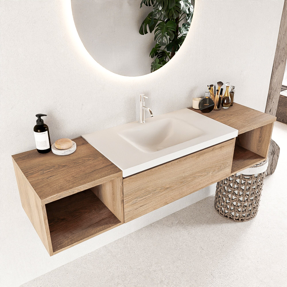 MONDIAZ BUKLA 160cm mueble de baño con módulo abierto 40 izquierda + derecho Washed Oak 1 cajón. Lavabo CLOUD centro 1 orificio color Talc 1 MONDIAZ BUKLA 160cm mueble de baño con módulo abierto 40 izquierda + derecho Washed Oak 1 cajón. Lavabo CLOUD centro 1 orificio color Talc