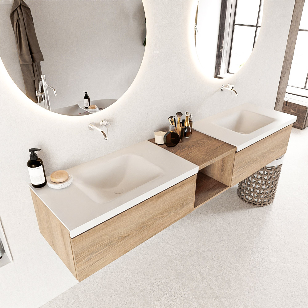 MONDIAZ BUKLA 200cm mueble de baño con módulo abierto 40 Washed Oak 2 cajones. Lavabo CLOUD duble sin orificios color Talc 1 MONDIAZ BUKLA 200cm mueble de baño con módulo abierto 40 Washed Oak 2 cajones. Lavabo CLOUD duble sin orificios color Talc