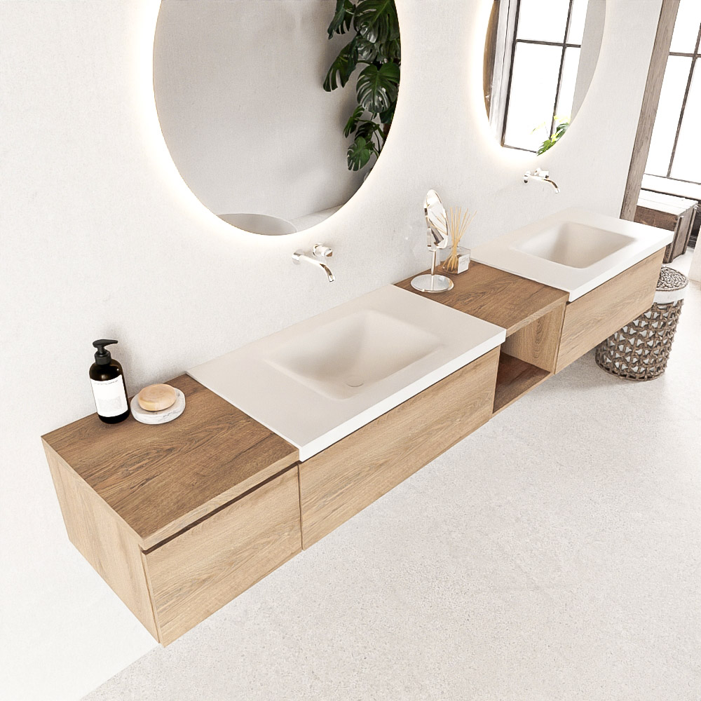 MONDIAZ BUKLA 240cm mueble de baño con módulo abierto 40 derecho Washed Oak 3 cajones. Lavabo CLOUD duble sin orificios color Talc 1 MONDIAZ BUKLA 240cm mueble de baño con módulo abierto 40 derecho Washed Oak 3 cajones. Lavabo CLOUD duble sin orificios color Talc