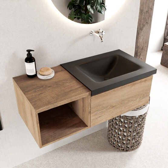 MONDIAZ BUKLA 100cm mueble de baño con módulo abierto 40 Washed Oak 1 cajón. Lavabo CLOUD derecho sin orificios color Urban