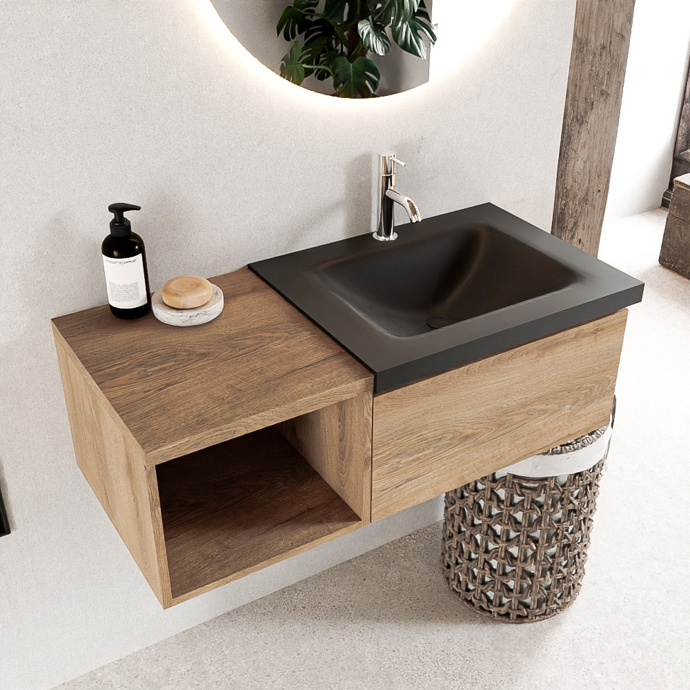 MONDIAZ BUKLA 100cm mueble de baño con módulo abierto 40 Washed Oak 1 cajón. Lavabo CLOUD derecho 1 orificio color Urban 1 MONDIAZ BUKLA 100cm mueble de baño con módulo abierto 40 Washed Oak 1 cajón. Lavabo CLOUD derecho 1 orificio color Urban