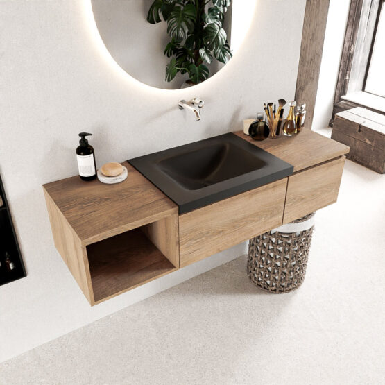 MONDIAZ BUKLA 140cm mueble de baño con módulo abierto 40 izquierda Washed Oak 2 cajones. Lavabo CLOUD centro sin orificios color Urban
