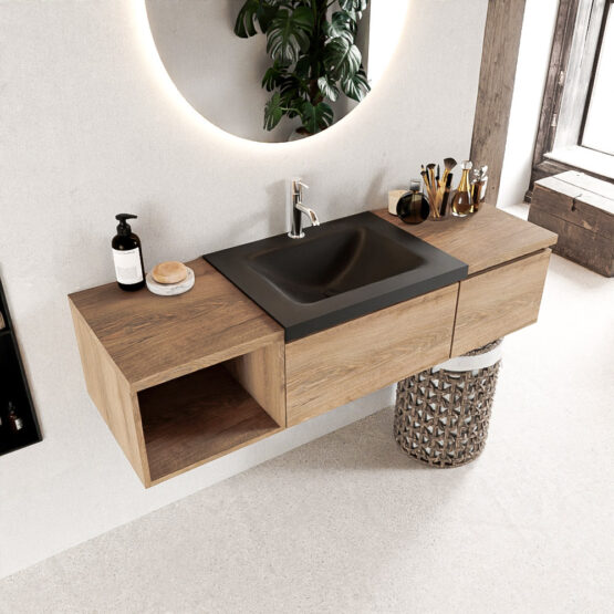 MONDIAZ BUKLA 140cm mueble de baño con módulo abierto 40 izquierda Washed Oak 2 cajones. Lavabo CLOUD centro 1 orificio color Urban