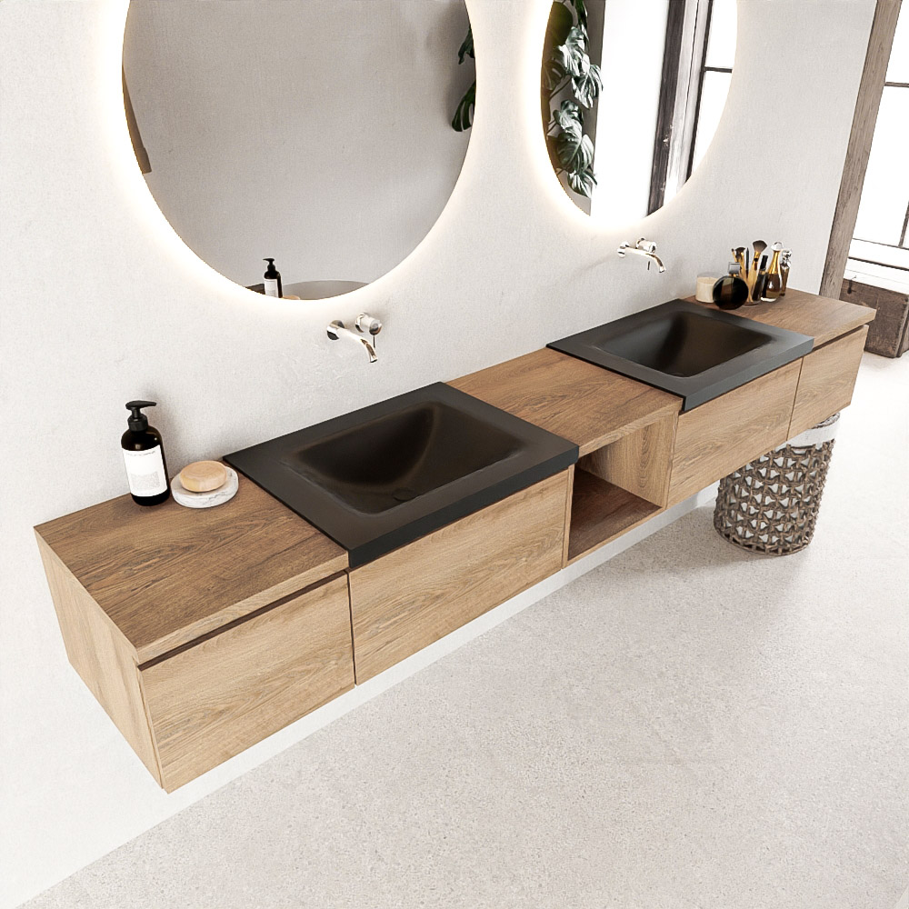 MONDIAZ BUKLA 240cm mueble de baño con módulo abierto 40 centro Washed Oak 4 cajones. Lavabo CLOUD duble sin orificios color Urban 1 MONDIAZ BUKLA 240cm mueble de baño con módulo abierto 40 centro Washed Oak 4 cajones. Lavabo CLOUD duble sin orificios color Urban