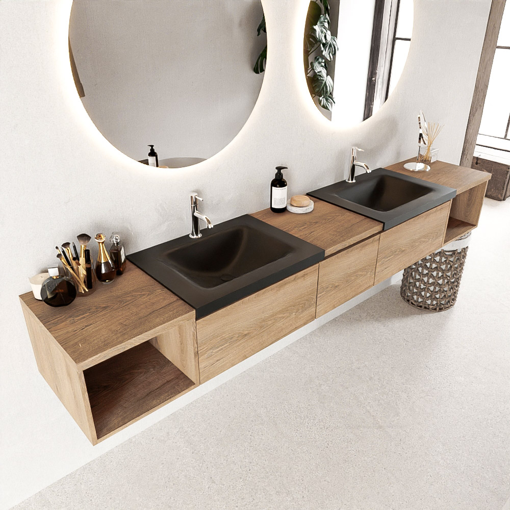 MONDIAZ BUKLA 240cm mueble de baño con módulo abierto 40 izquierda + derecho Washed Oak 3 cajones. Lavabo CLOUD duble 2 orificios color Urban 1 MONDIAZ BUKLA 240cm mueble de baño con módulo abierto 40 izquierda + derecho Washed Oak 3 cajones. Lavabo CLOUD duble 2 orificios color Urban