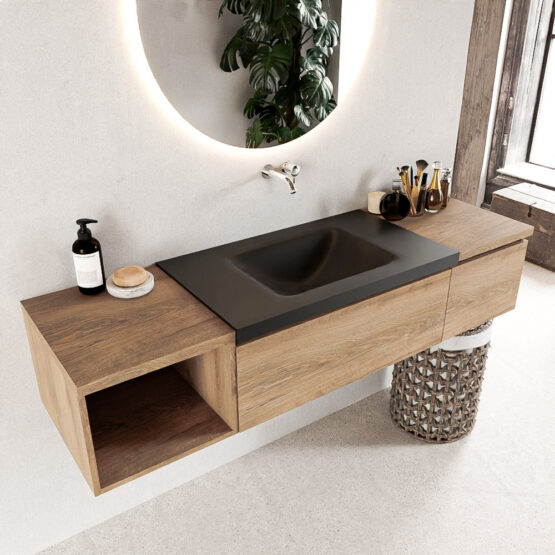 MONDIAZ BUKLA 160cm mueble de baño con módulo abierto 40 izquierda Washed Oak 2 cajones. Lavabo CLOUD centro sin orificios color Urban