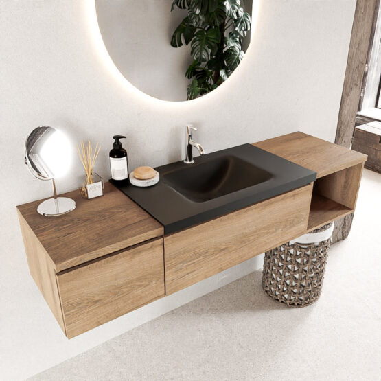 MONDIAZ BUKLA 160cm mueble de baño con módulo abierto 40 derecho Washed Oak 2 cajones. Lavabo CLOUD centro 1 orificio color Urban