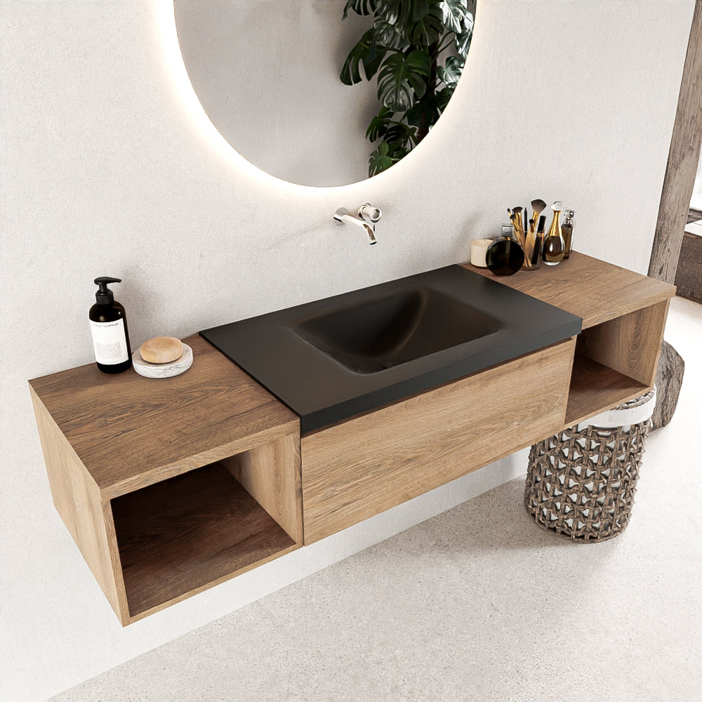 MONDIAZ BUKLA 160cm mueble de baño con módulo abierto 40 izquierda + derecho Washed Oak 1 cajón. Lavabo CLOUD centro sin orificios color Urban 1 MONDIAZ BUKLA 160cm mueble de baño con módulo abierto 40 izquierda + derecho Washed Oak 1 cajón. Lavabo CLOUD centro sin orificios color Urban