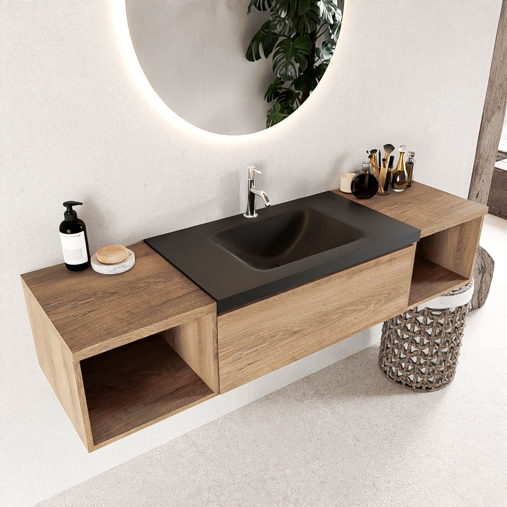 MONDIAZ BUKLA 160cm mueble de baño con módulo abierto 40 izquierda + derecho Washed Oak 1 cajón. Lavabo CLOUD centro 1 orificio color Urban 1 MONDIAZ BUKLA 160cm mueble de baño con módulo abierto 40 izquierda + derecho Washed Oak 1 cajón. Lavabo CLOUD centro 1 orificio color Urban