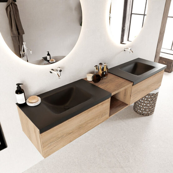 MONDIAZ BUKLA 200cm mueble de baño con módulo abierto 40 Washed Oak 2 cajones. Lavabo CLOUD duble sin orificios color Urban