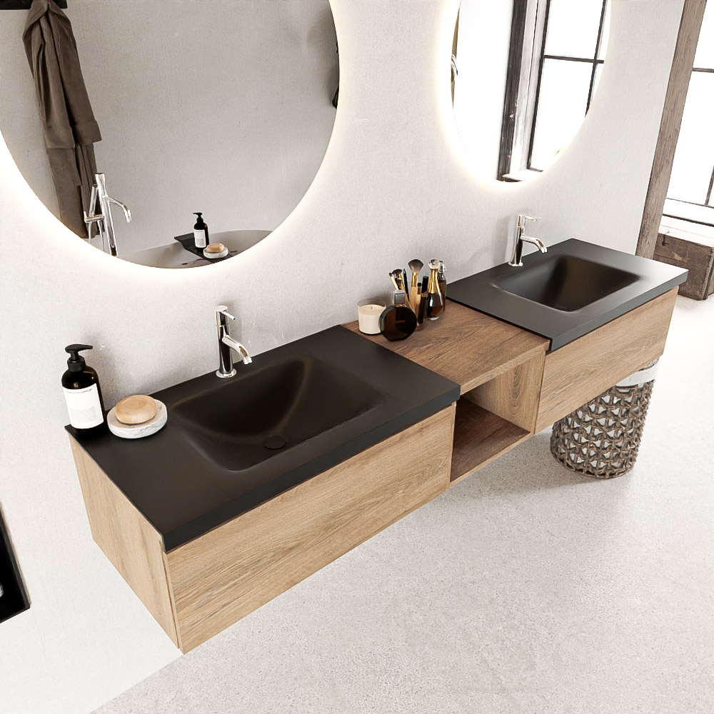 MONDIAZ BUKLA 200cm mueble de baño con módulo abierto 40 Washed Oak 2 cajones. Lavabo CLOUD duble 2 orificios color Urban 1 MONDIAZ BUKLA 200cm mueble de baño con módulo abierto 40 Washed Oak 2 cajones. Lavabo CLOUD duble 2 orificios color Urban