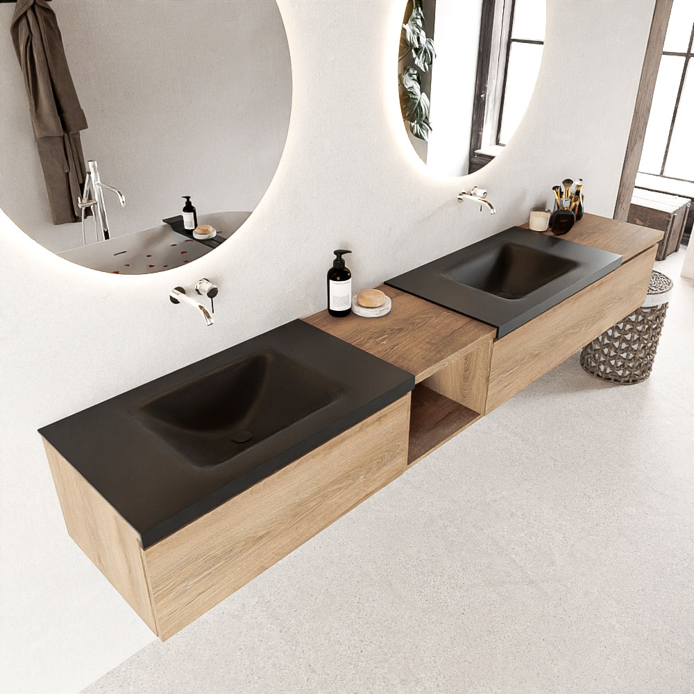MONDIAZ BUKLA 240cm mueble de baño con módulo abierto 40 izquierda Washed Oak 3 cajones. Lavabo CLOUD duble sin orificios color Urban 1 MONDIAZ BUKLA 240cm mueble de baño con módulo abierto 40 izquierda Washed Oak 3 cajones. Lavabo CLOUD duble sin orificios color Urban