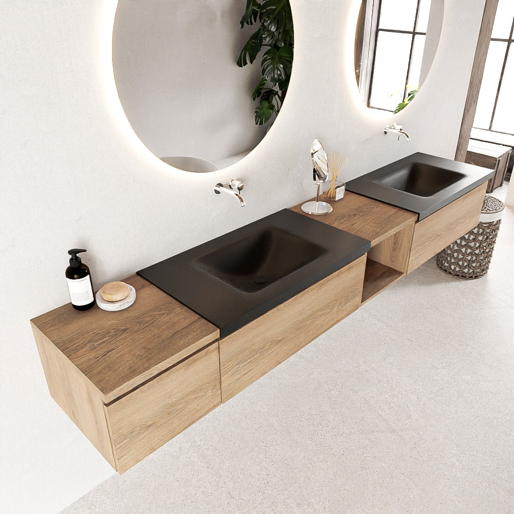 MONDIAZ BUKLA 240cm mueble de baño con módulo abierto 40 derecho Washed Oak 3 cajones. Lavabo CLOUD duble sin orificios color Urban 1 MONDIAZ BUKLA 240cm mueble de baño con módulo abierto 40 derecho Washed Oak 3 cajones. Lavabo CLOUD duble sin orificios color Urban