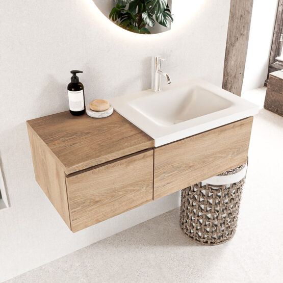 MONDIAZ BUKLA 100cm mueble de baño con módulo 40 Washed Oak 2 cajones. Lavabo CLOUD derecho 1 orificio color Talc