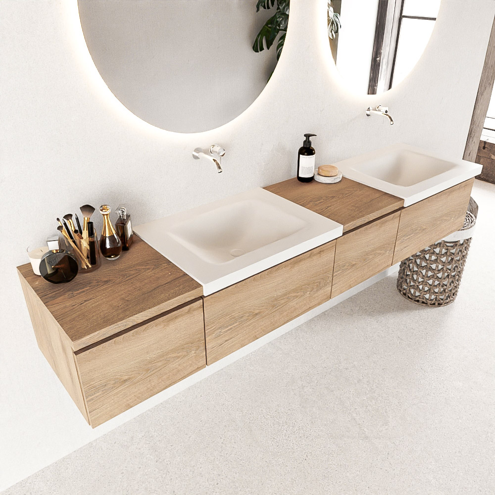 MONDIAZ BUKLA 200cm mueble de baño con módulo 40 derecho Washed Oak 4 cajones. Lavabo CLOUD duble sin orificios color Talc 1 MONDIAZ BUKLA 200cm mueble de baño con módulo 40 derecho Washed Oak 4 cajones. Lavabo CLOUD duble sin orificios color Talc