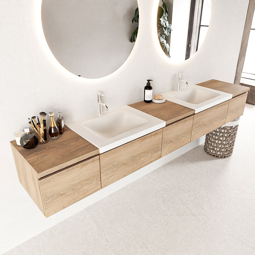 MONDIAZ BUKLA 240cm mueble de baño con módulo 40 Washed Oak 5 cajones. Lavabo CLOUD duble 2 orificios color Talc 1 MONDIAZ BUKLA 240cm mueble de baño con módulo 40 Washed Oak 5 cajones. Lavabo CLOUD duble 2 orificios color Talc