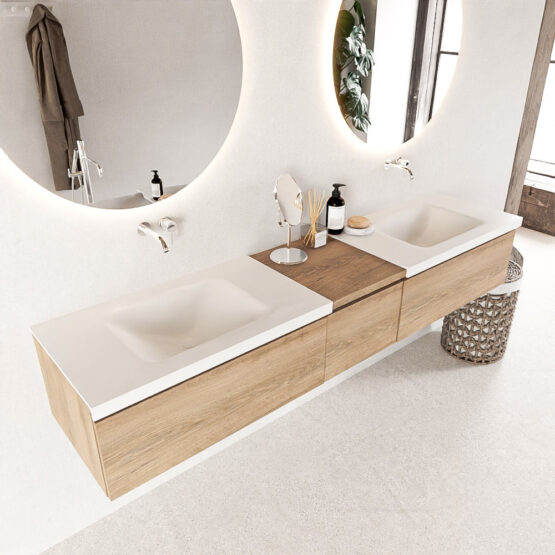 MONDIAZ BUKLA 200cm mueble de baño con módulo 40 Washed Oak 3 cajones. Lavabo CLOUD duble sin orificios color Talc