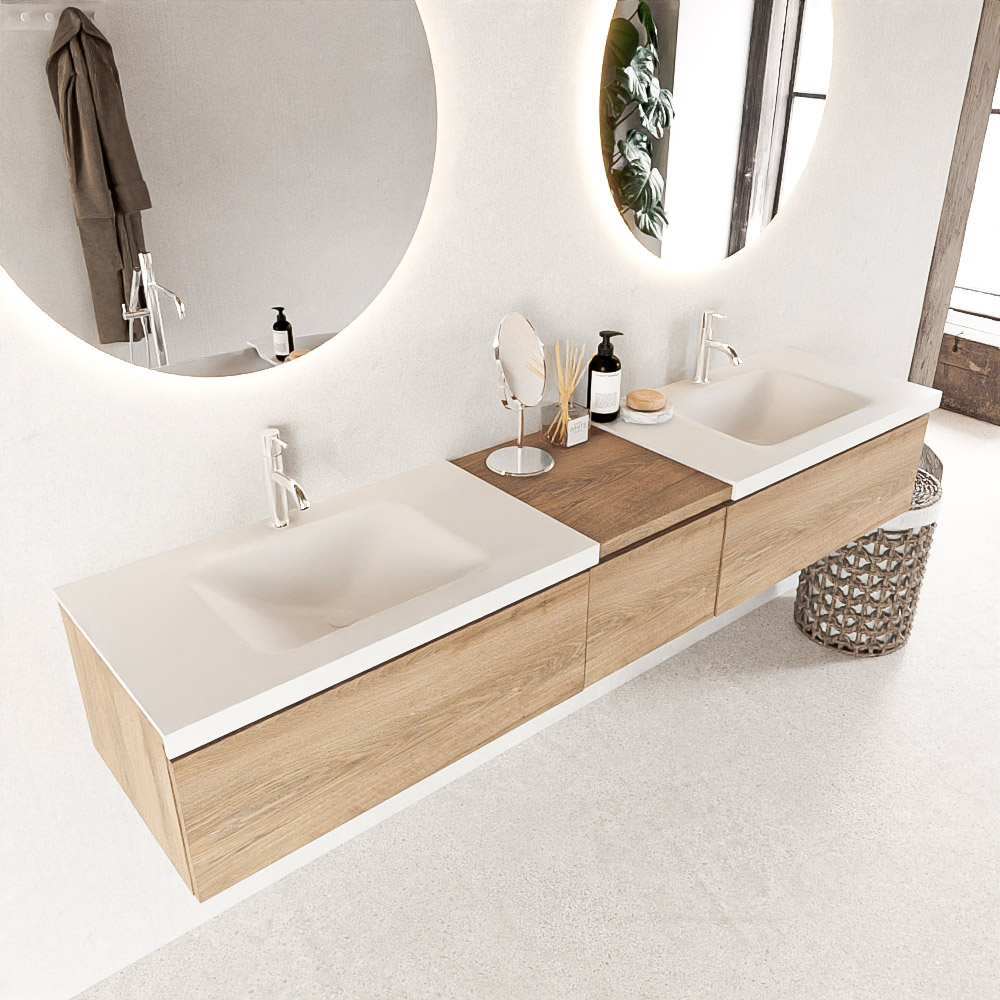 MONDIAZ BUKLA 200cm mueble de baño con módulo 40 Washed Oak 3 cajones. Lavabo CLOUD duble 2 orificios color Talc 1 MONDIAZ BUKLA 200cm mueble de baño con módulo 40 Washed Oak 3 cajones. Lavabo CLOUD duble 2 orificios color Talc