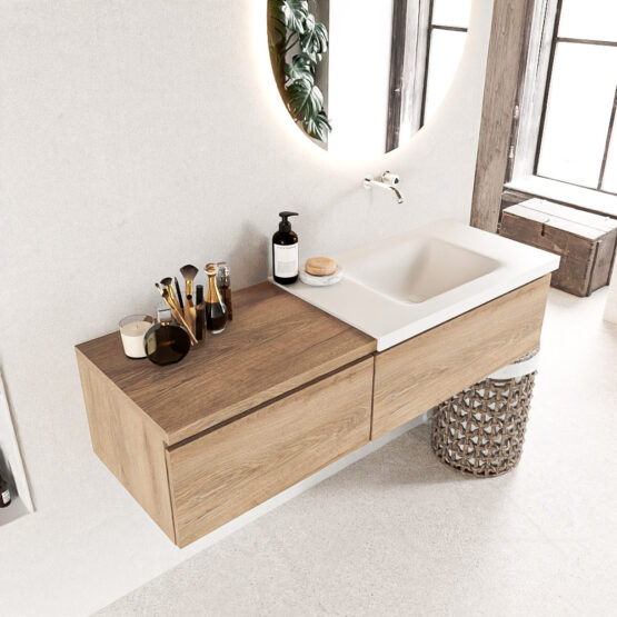MONDIAZ BUKLA 140cm mueble de baño con módulo 60 Washed Oak 2 cajones. Lavabo CLOUD derecho sin orificios color Talc